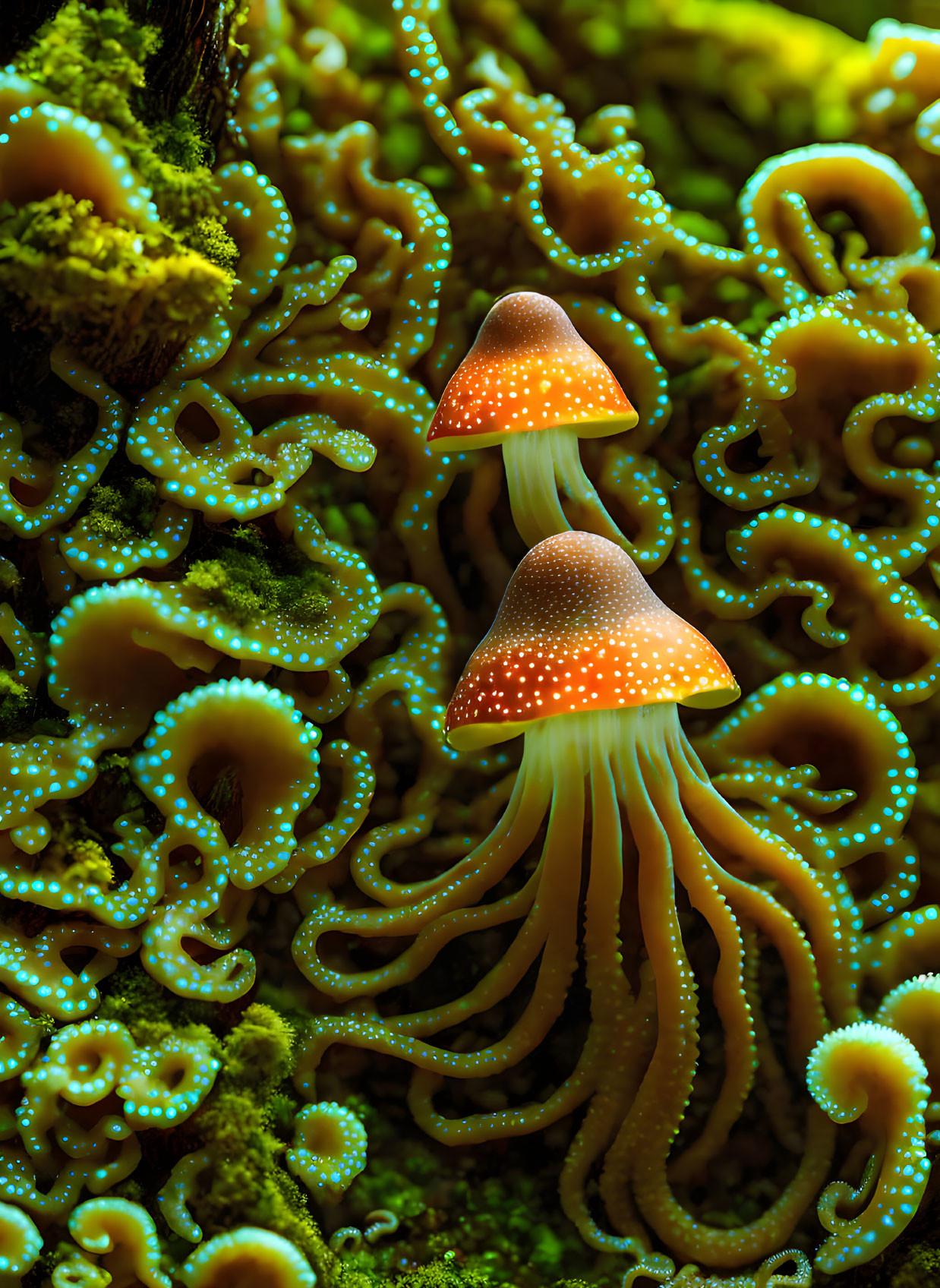 Vibrant orange mushrooms with white spots in underwater-themed setting