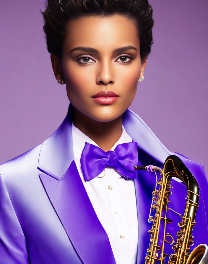 Stylish woman in purple blazer and bow tie with saxophone on lavender background