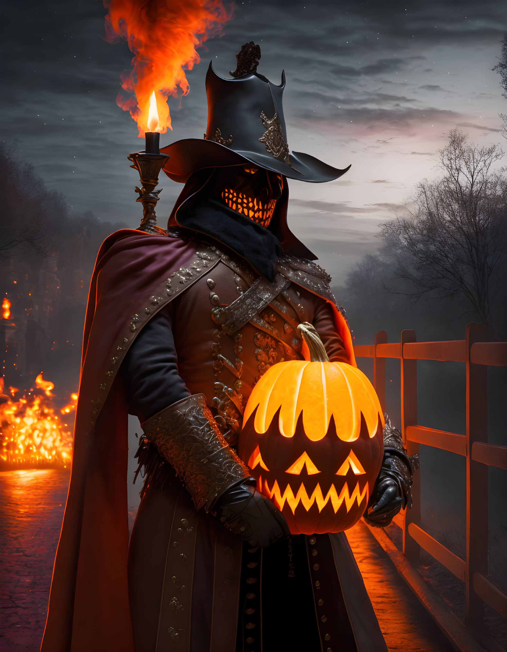 Mysterious Figure with Jack-o'-lantern and Torch in Dark Setting