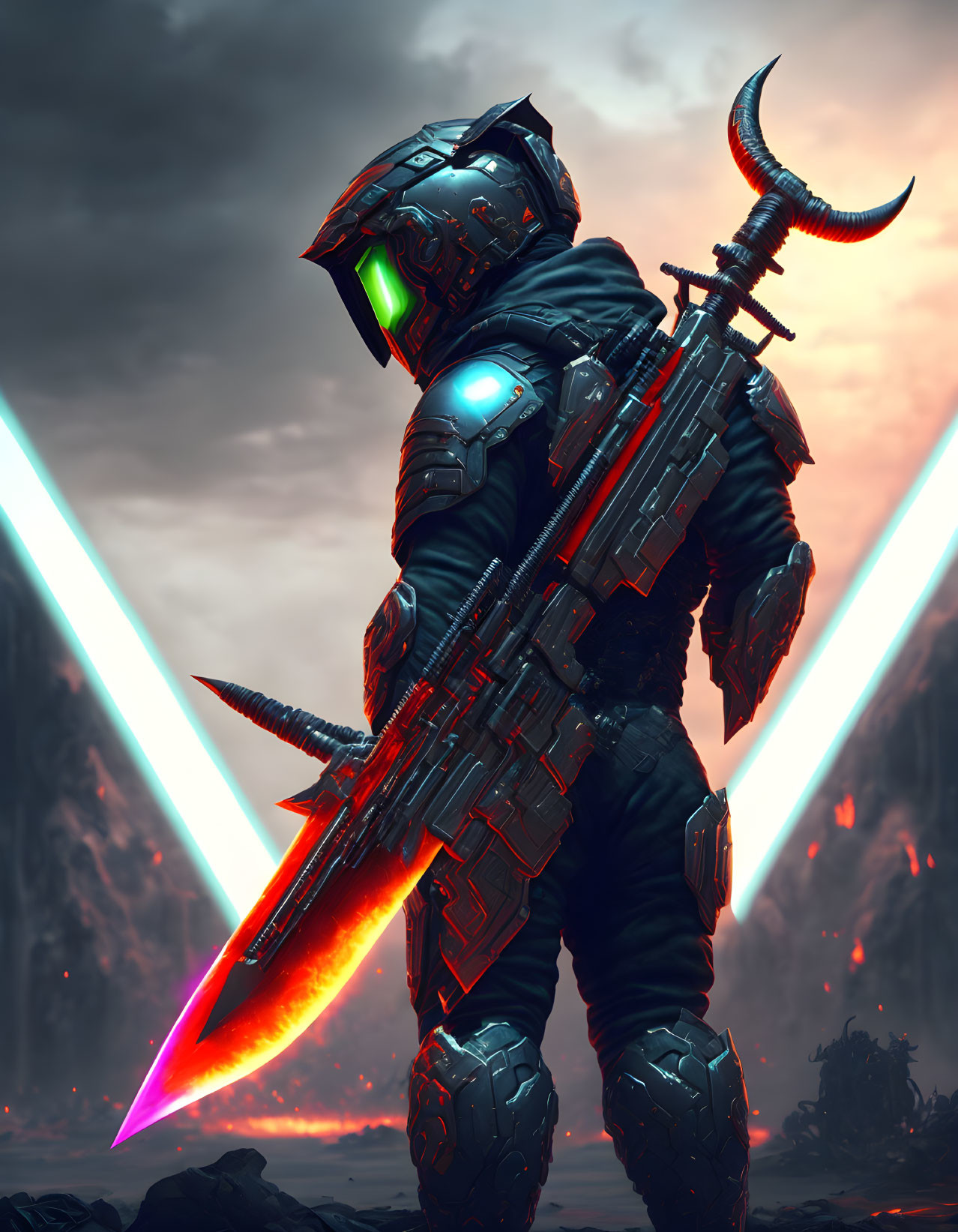 Futuristic warrior in armored suit with glowing visor and energy sword under stormy sky