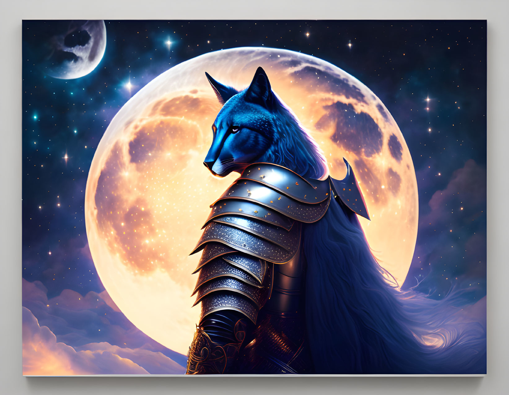 Armored wolf under giant moon in mystical night scene