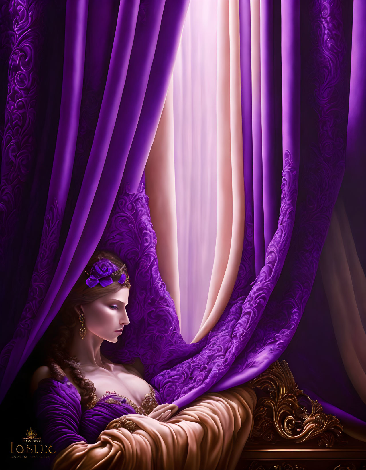 Regal woman in purple dress with crown near window, bathed in soft light