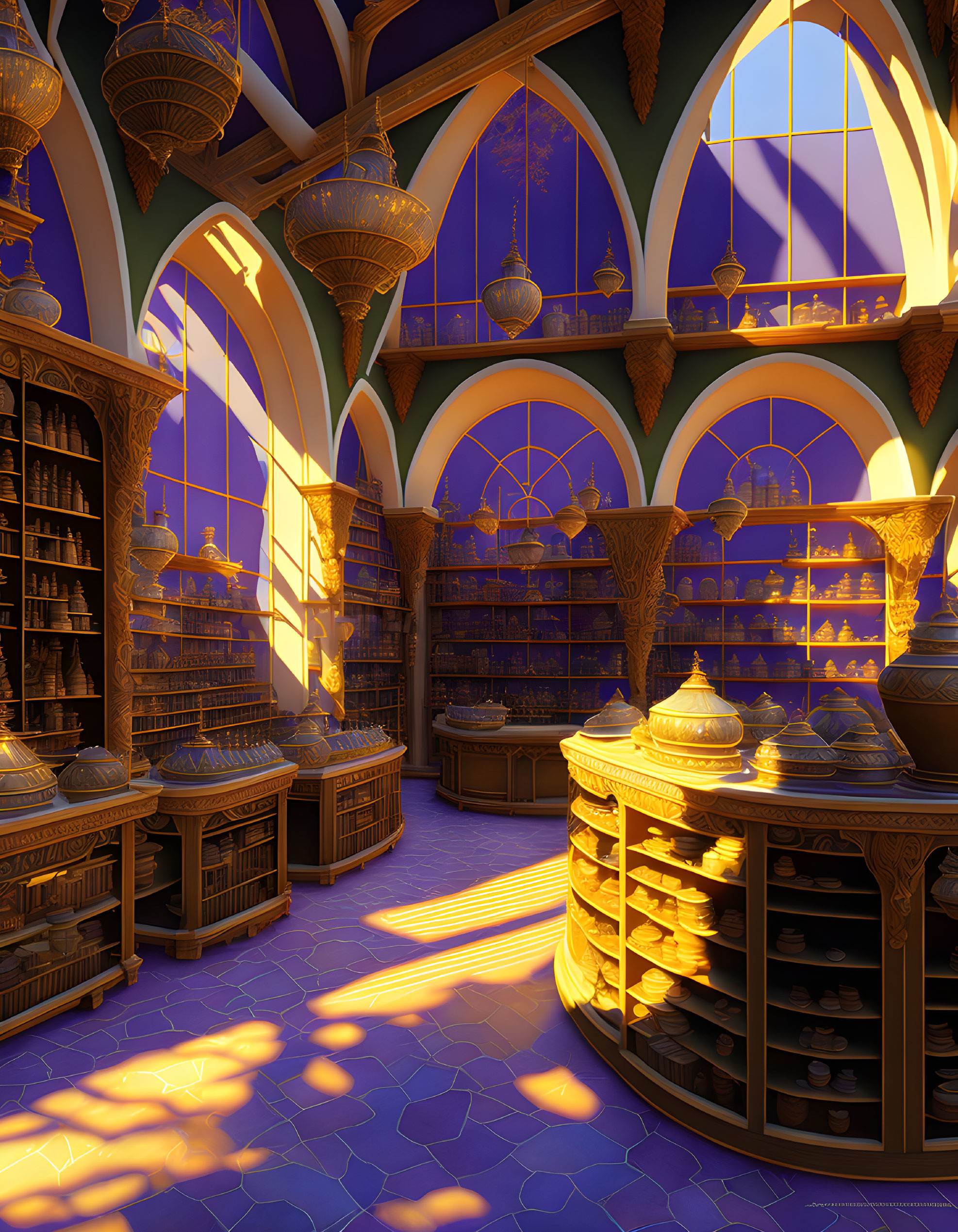 Golden Sunlight Illuminates Ornate Library with Arched Windows