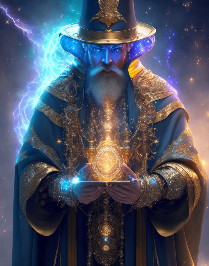 Mystical wizard with long beard holding glowing orb in lightning scene