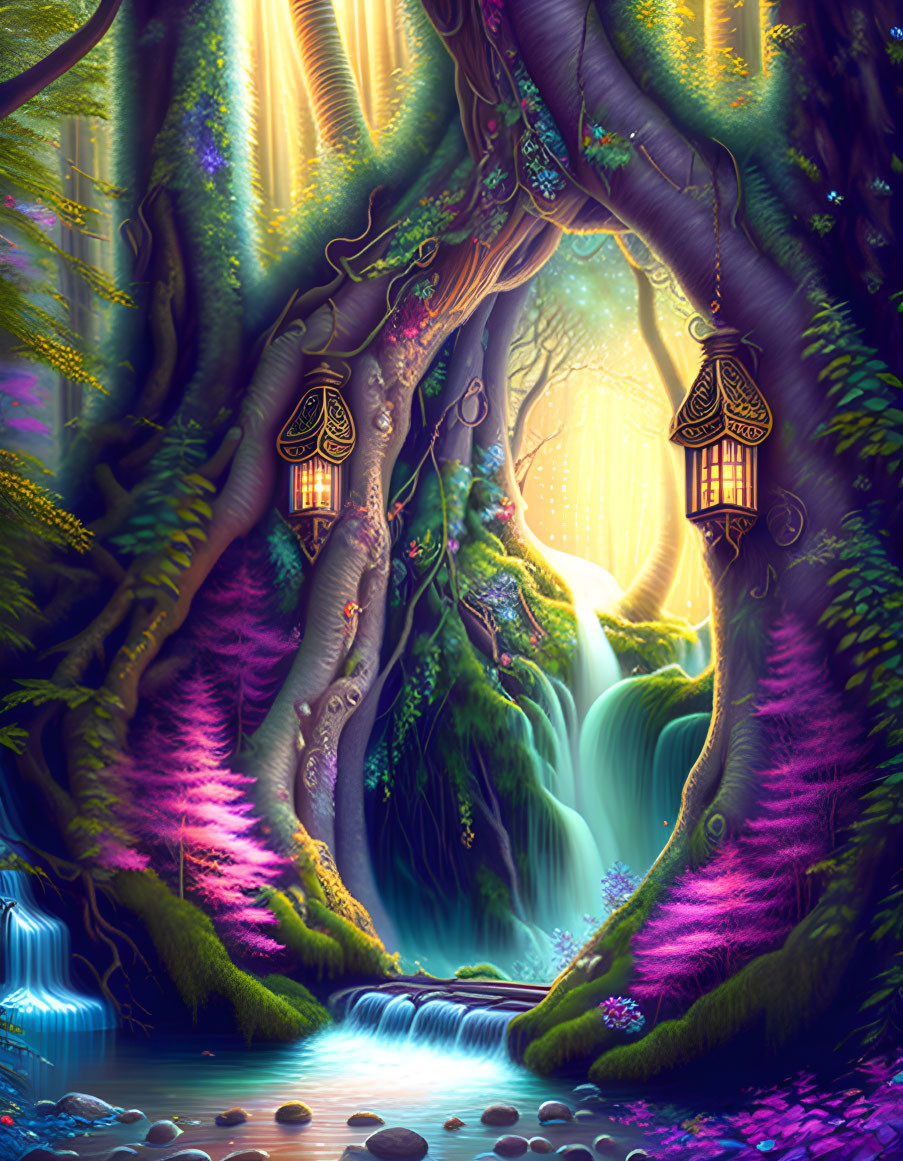 Vibrant enchanted forest scene with waterfalls and lanterns