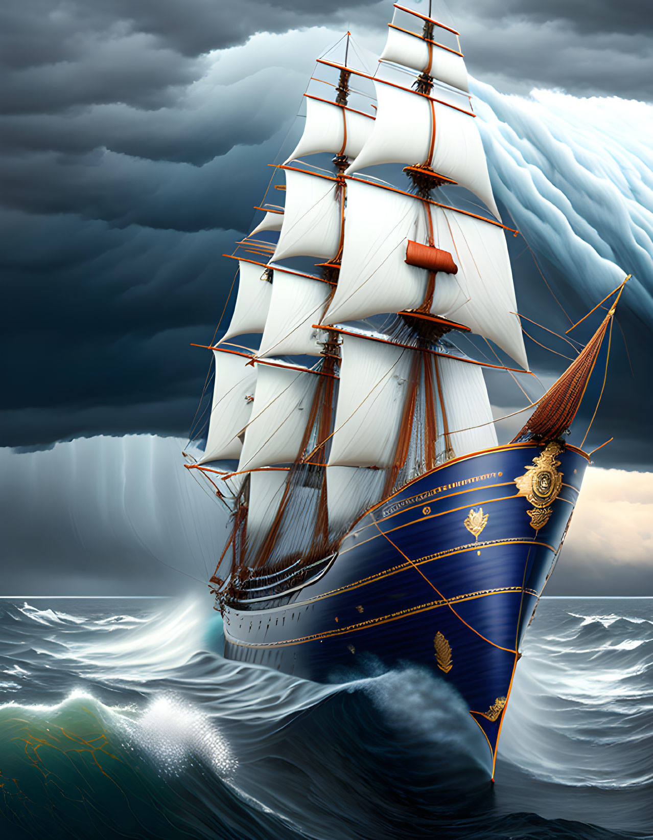 Sailing ship with multiple masts in stormy sea