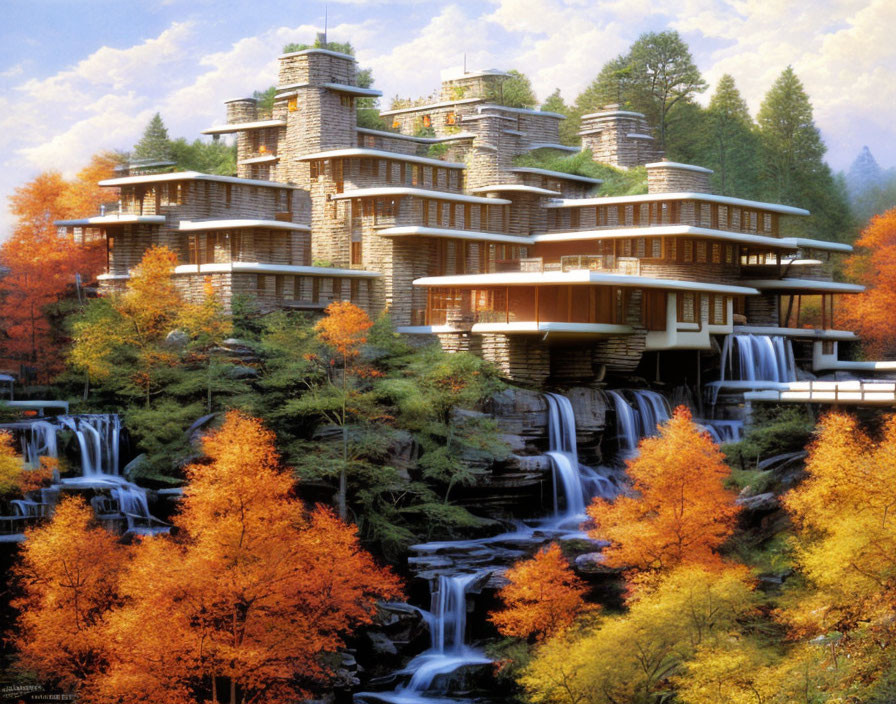 Autumnal Waterfall Landscape with Tiered Architecture