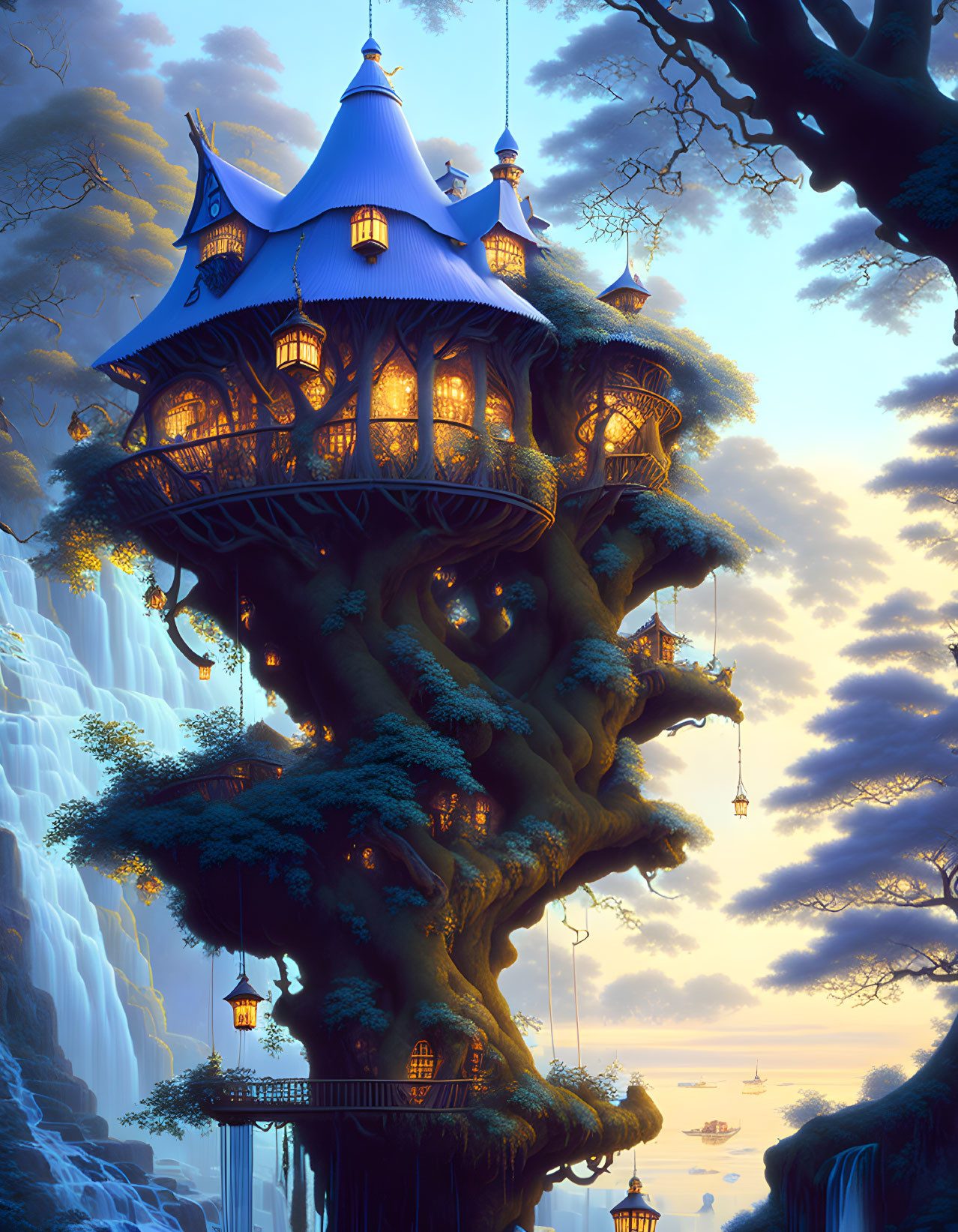 Glowing lights treehouse by waterfall with twilight seascape