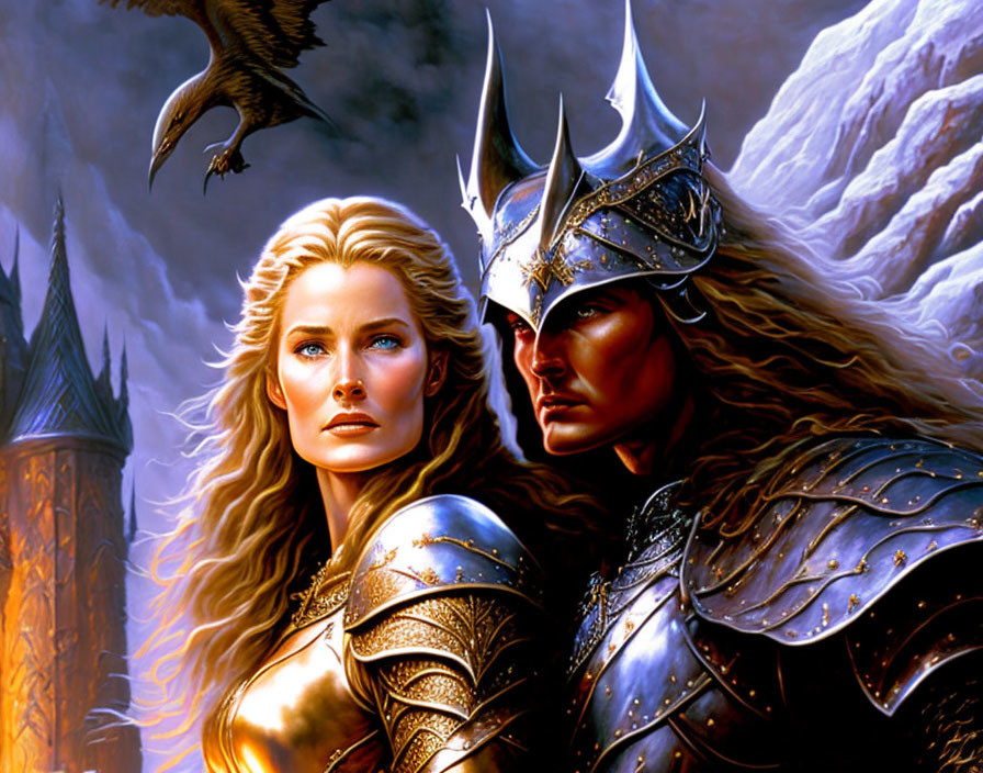 Male and female warriors in medieval fantasy armor by castle with eagle in dark sky