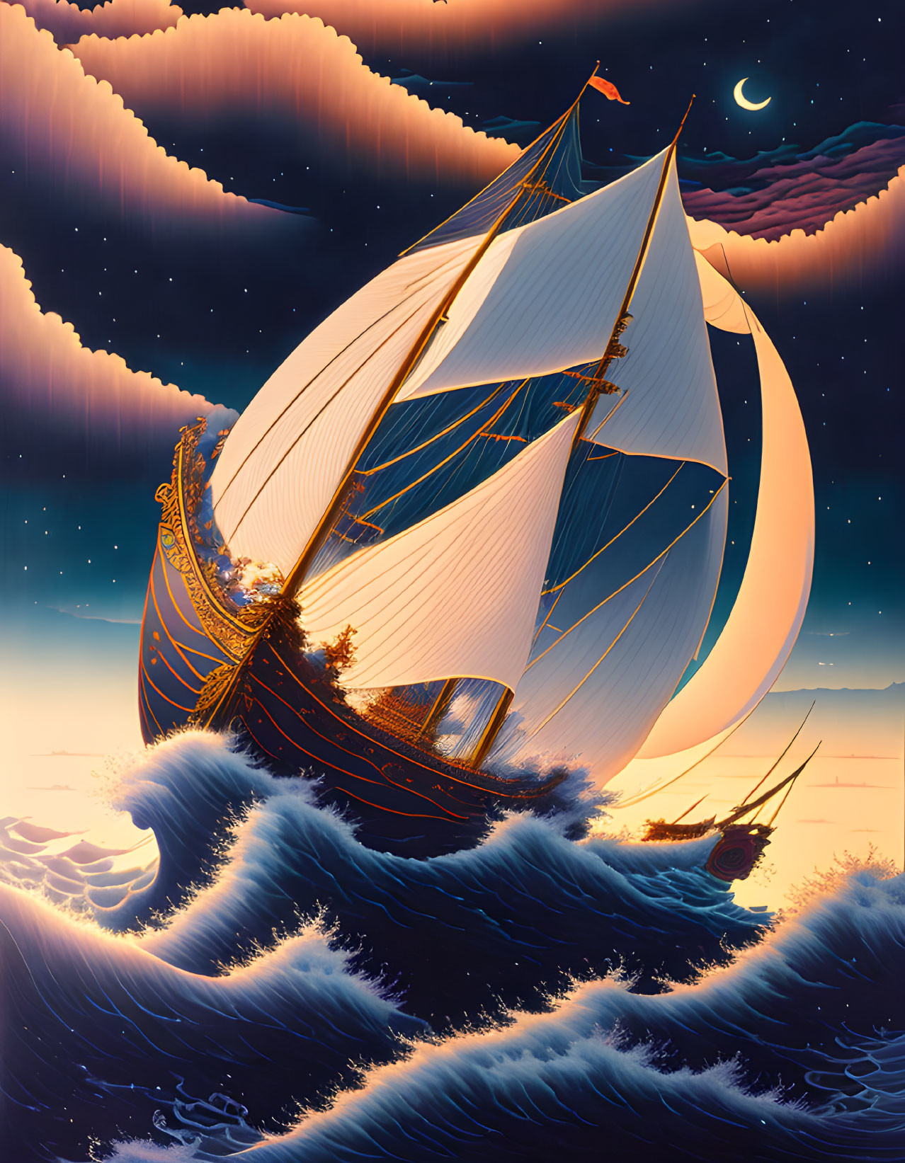 Stylized sailing ships under crescent moon and star-filled sky