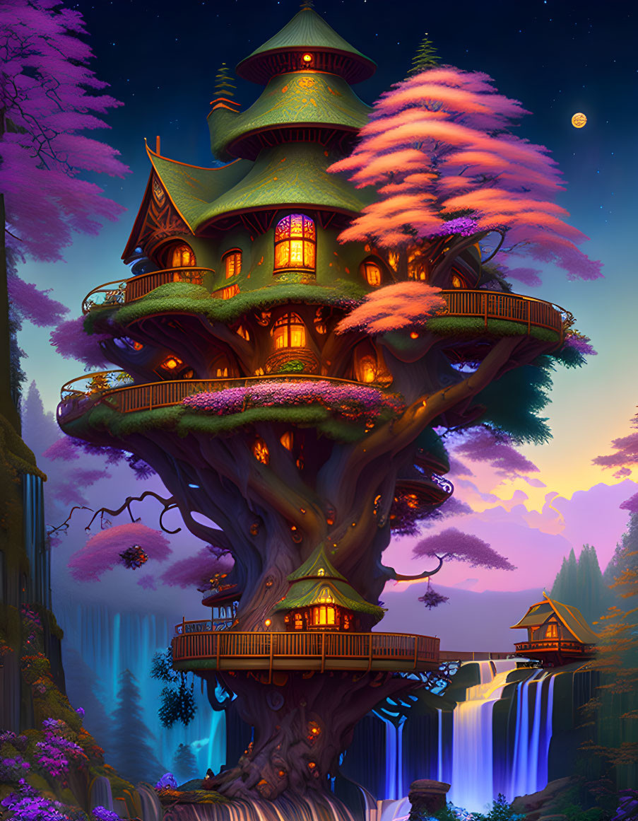 Multi-level treehouse in magical forest with balconies and waterfalls