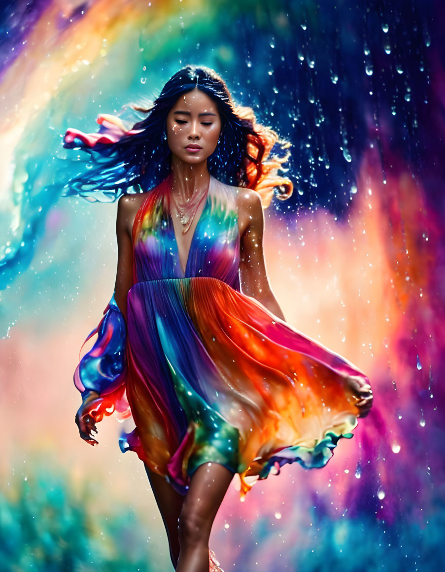 Colorful Woman in Flowing Dress Against Cosmic Background