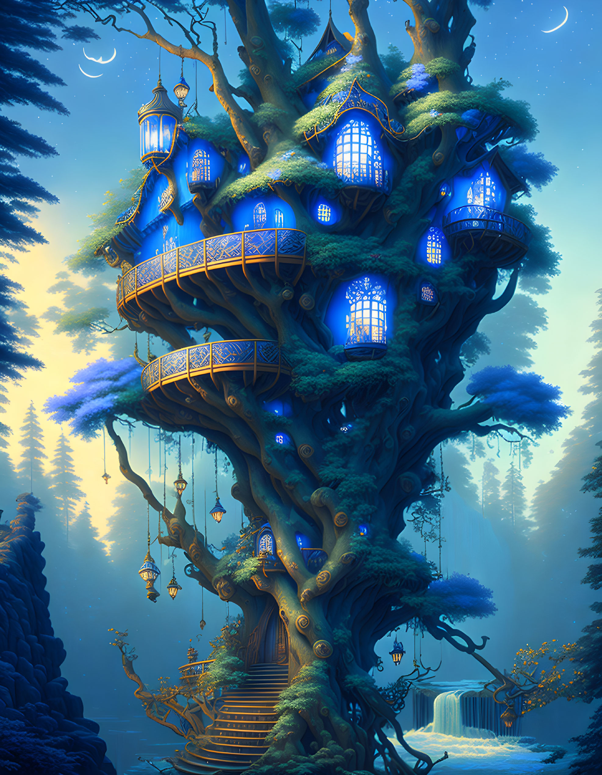 Glowing Windows Treehouse in Mythical Forest at Twilight