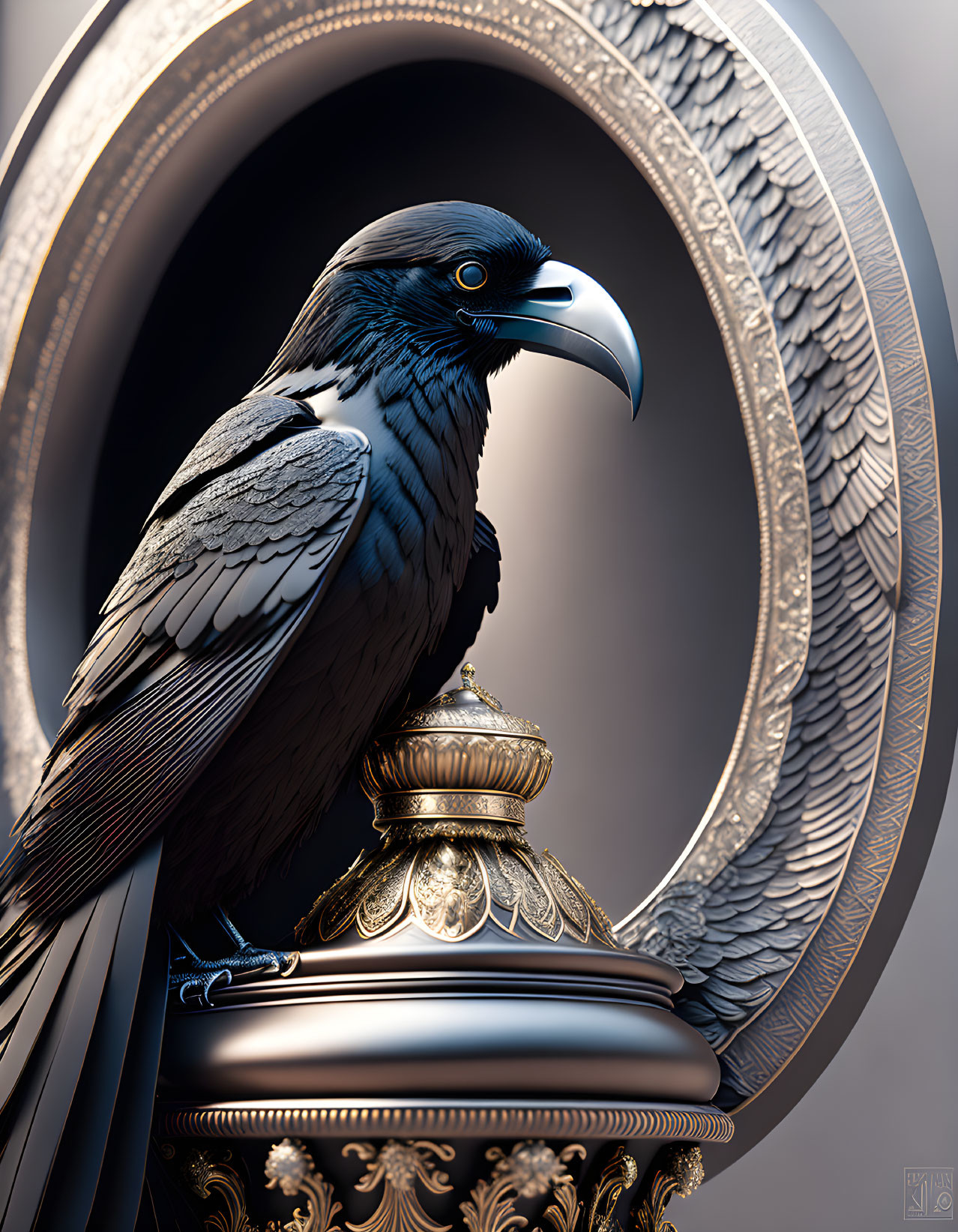 Black Raven on Golden Pedestal Beside Wing-Themed Frame