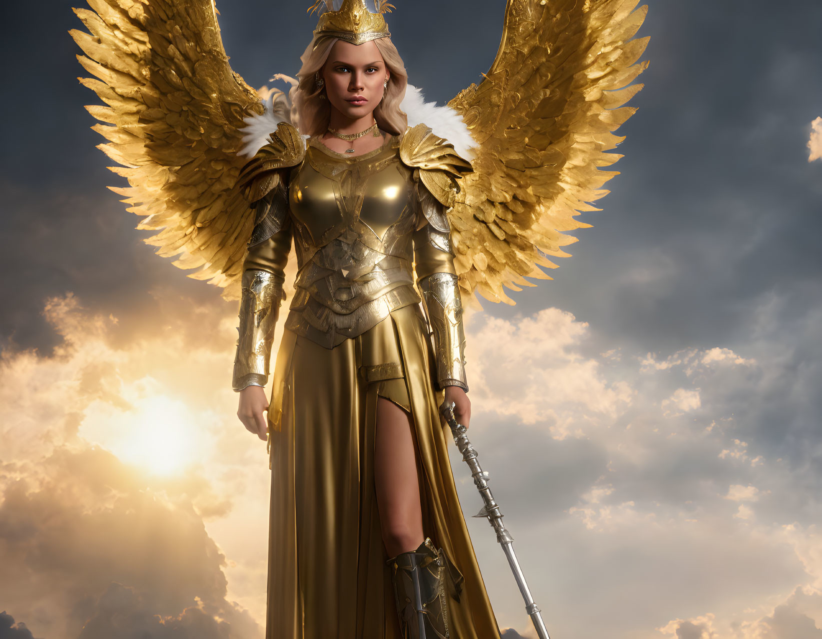 Golden armored figure with feathered wings and spear against cloudy sky