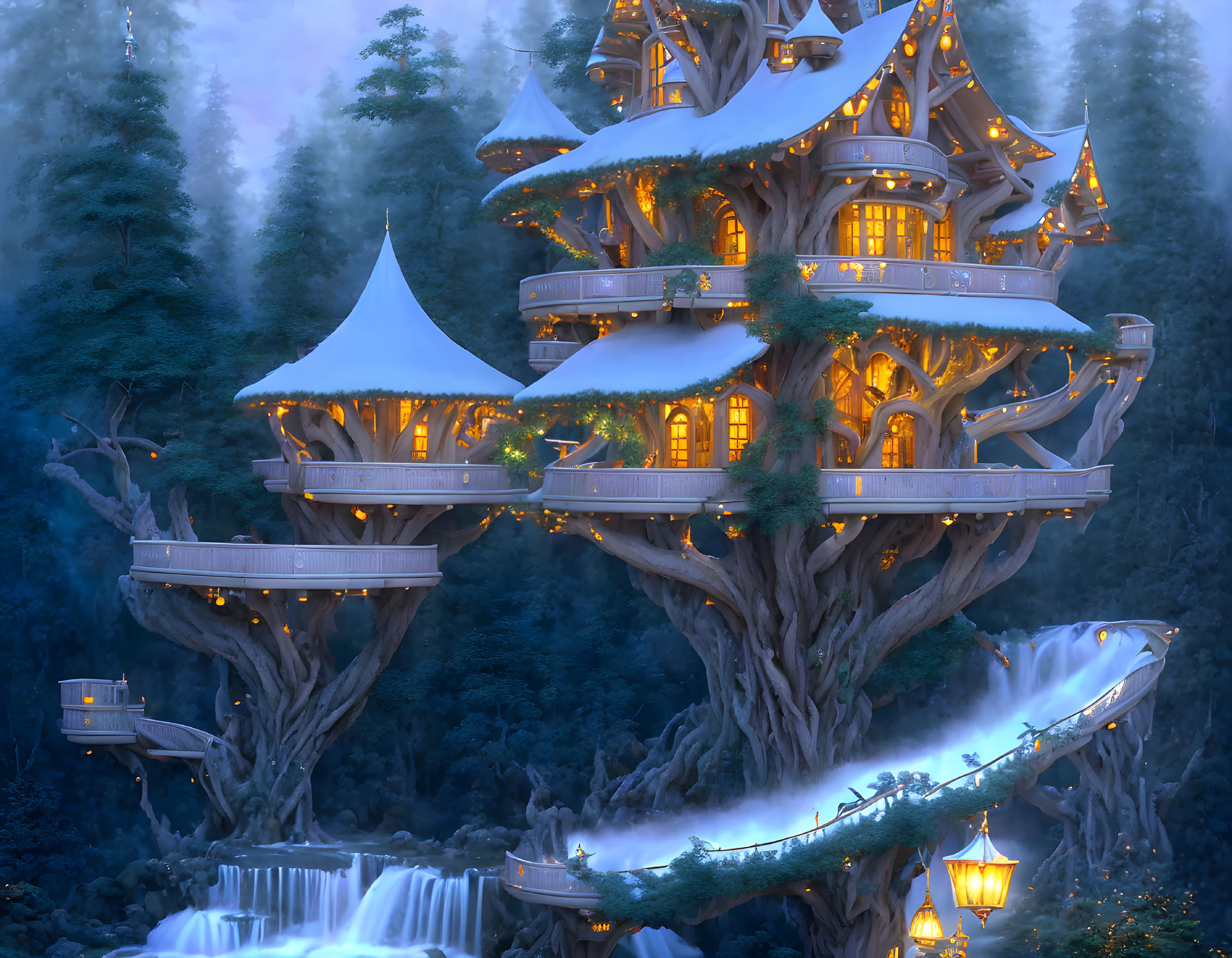 Snowy Twilight Forest Treehouse with Waterfalls and Lanterns