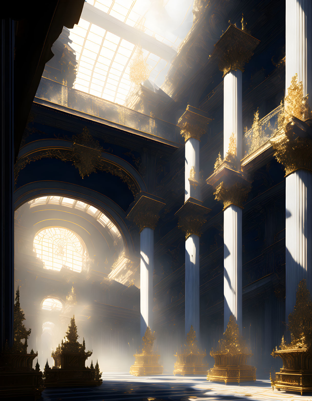 Elegant grand hall with sunlight streaming through ornate windows