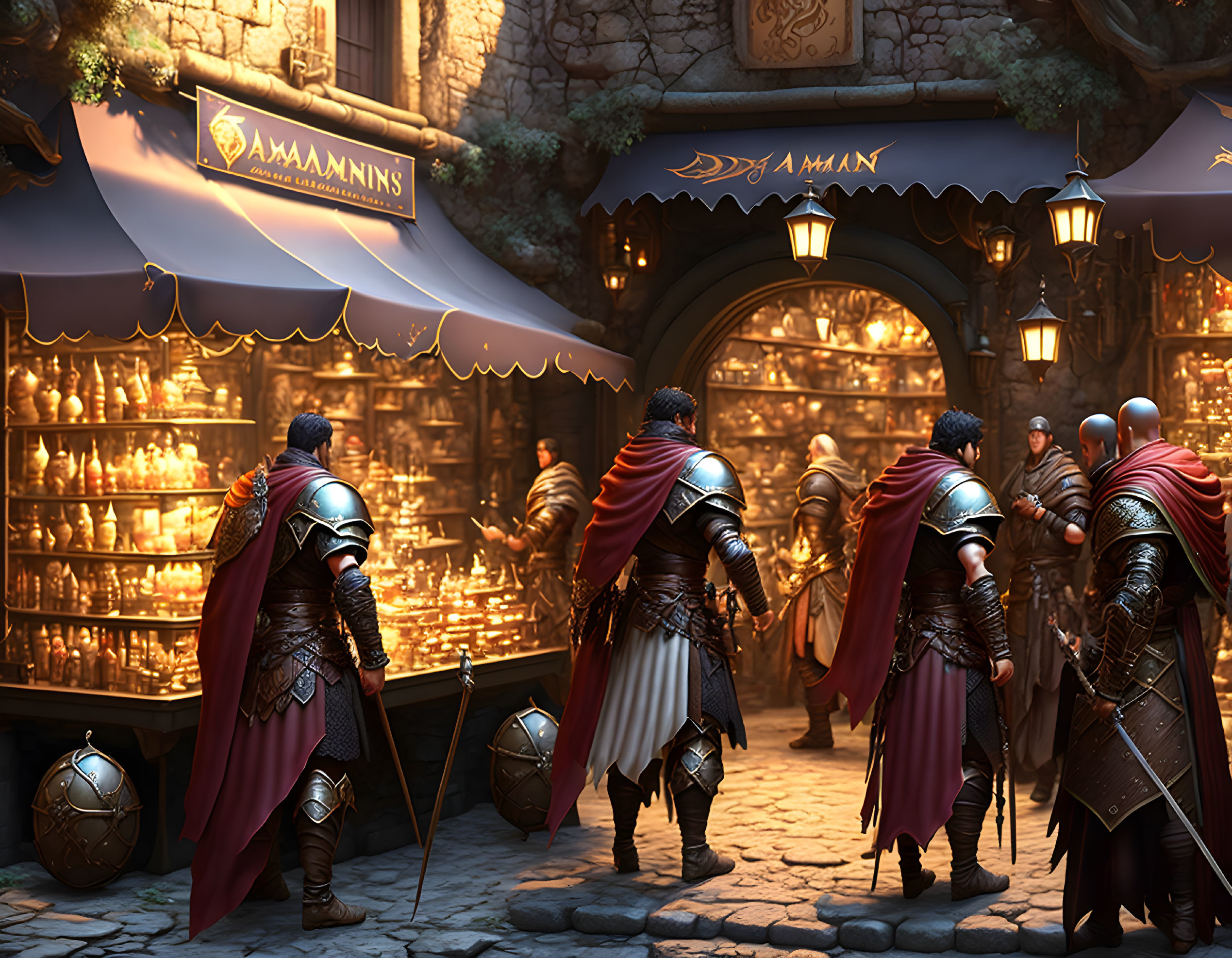 Medieval fantasy knights in armor converse in cobblestone alley