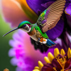 Iridescent green hummingbird near purple flowers in motion