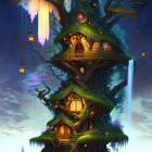 Mystical treehouse with golden-lit windows, waterfall, and lanterns at twilight