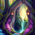 Vibrant enchanted forest scene with waterfalls and lanterns