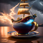 Surreal ship sailing in teacup on stormy sea