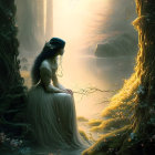 Woman in white dress by forest stream in warm sunlight