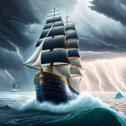 Tall ship sailing turbulent seas under stormy skies