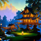 Multi-tiered treehouse in twilight landscape with waterfalls and lanterns