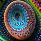 Colorful fractal image of peacock feather pattern with intricate spirals.