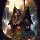 Cozy cottage in enchanted forest with moss-covered roof and glowing lantern at twilight