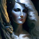 Fantasy portrait of pale woman with white curly hair and dark headpiece, accompanied by mystical cat with