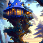 Glowing lights treehouse by waterfall with twilight seascape