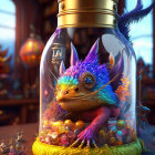 Colorful squirrel-dragon hybrid in glass jar with vintage decor.