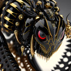 Detailed 3D illustration of shiny black mechanical dragon with gold accents