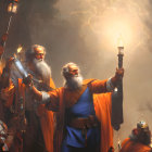 Majestic wizards and warriors with torches in magical mist