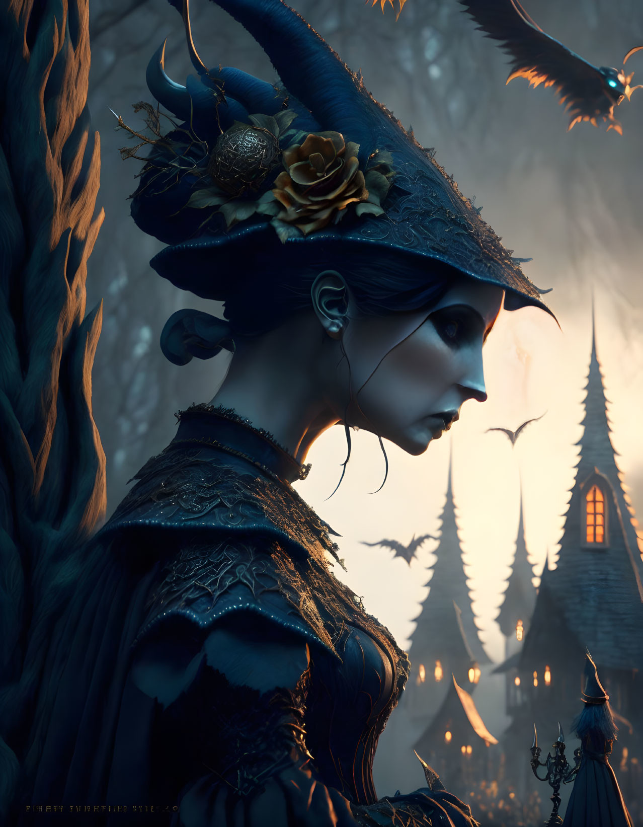 Fantastical gothic woman portrait with horned headpiece and rose in eerie castle setting