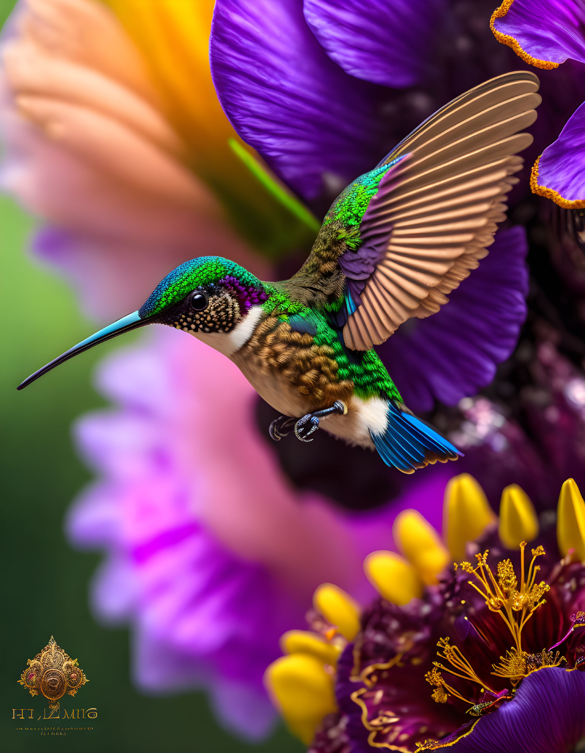 Iridescent green hummingbird near purple flowers in motion