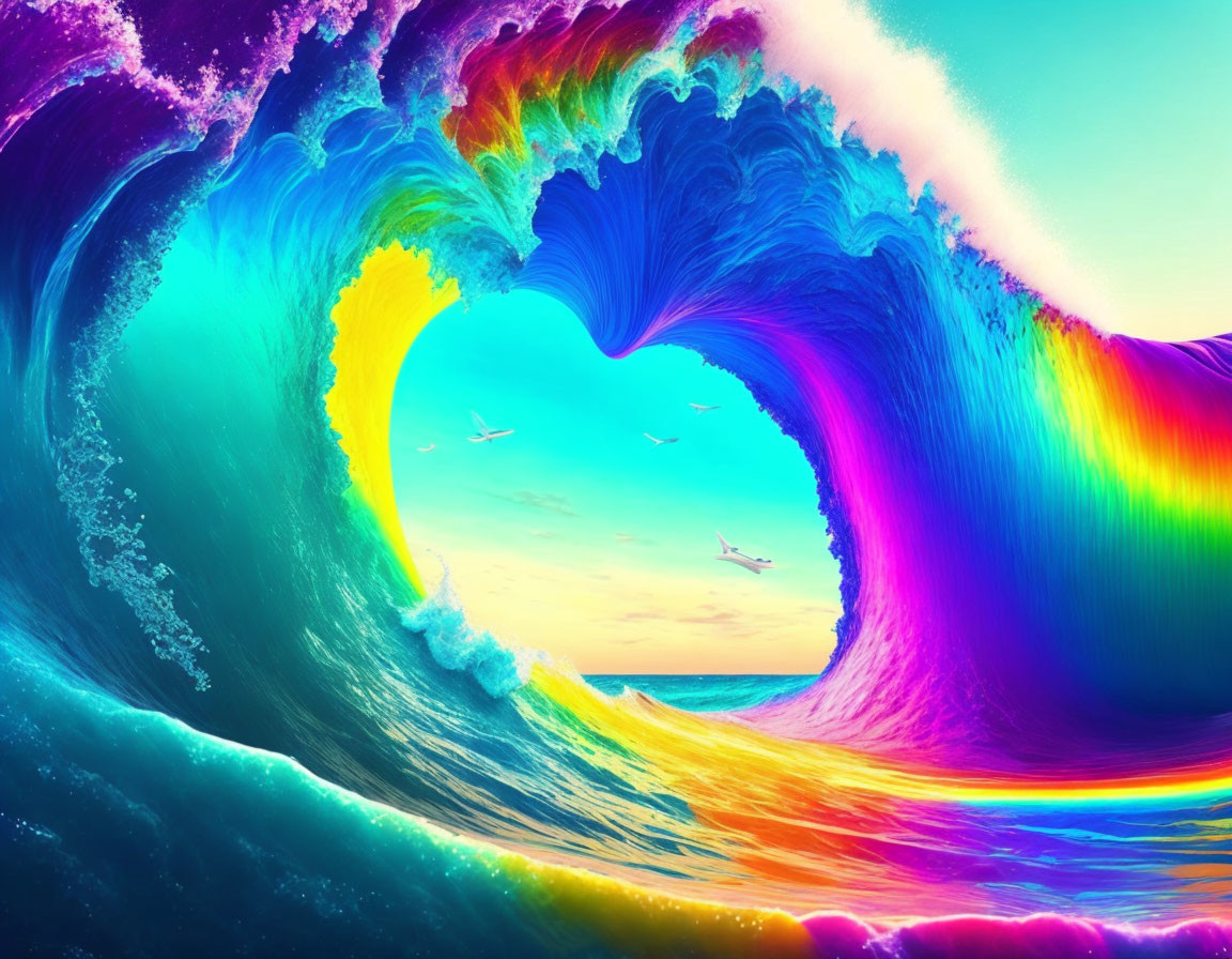 Colorful Rainbow Wave Heart with Birds in Sky