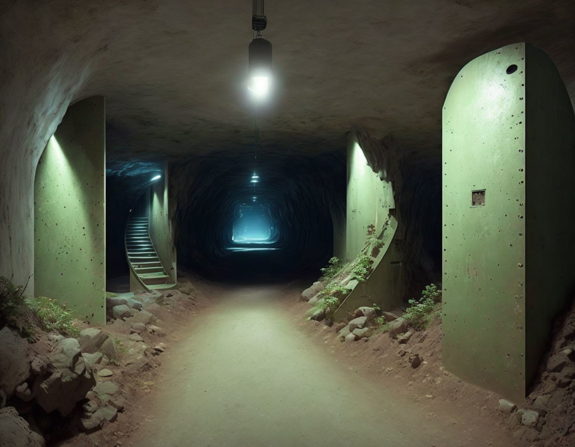 Underground Tunnel with Dirt Path, Metal Door, and Stairs