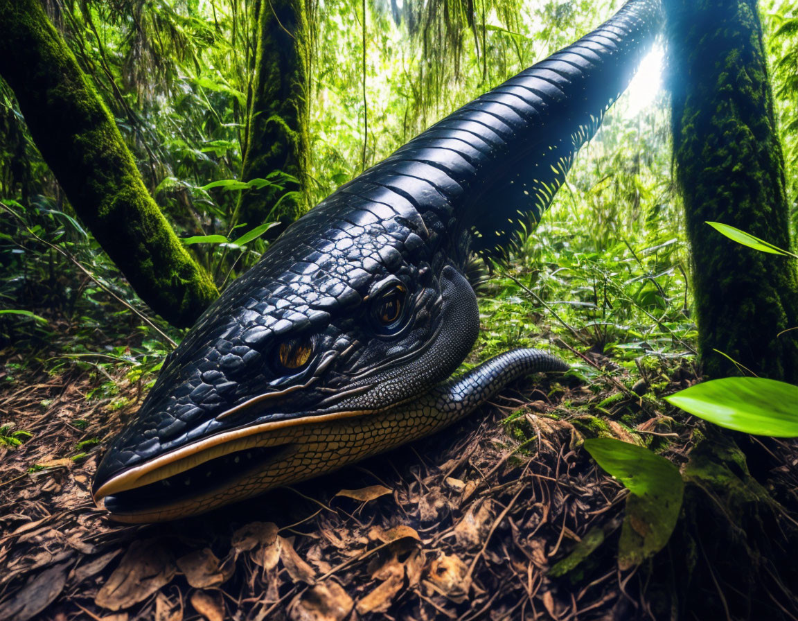 Alligator resting on forest floor with sunlight filtering through dense foliage