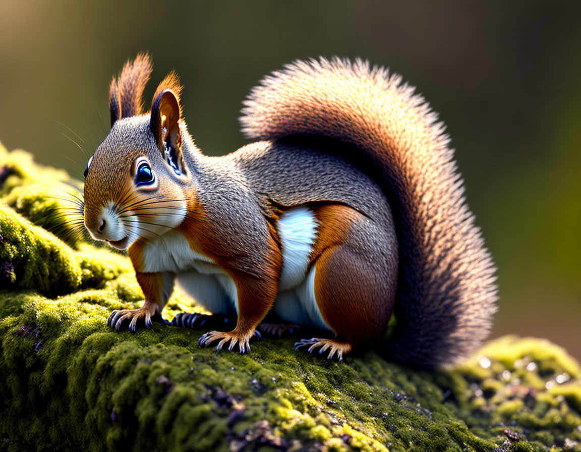 Red squirrel with bushy tail on moss-covered log in warm sunlight