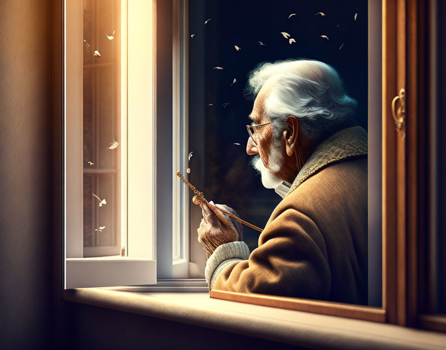 Elderly man in glasses and beard writing by open window