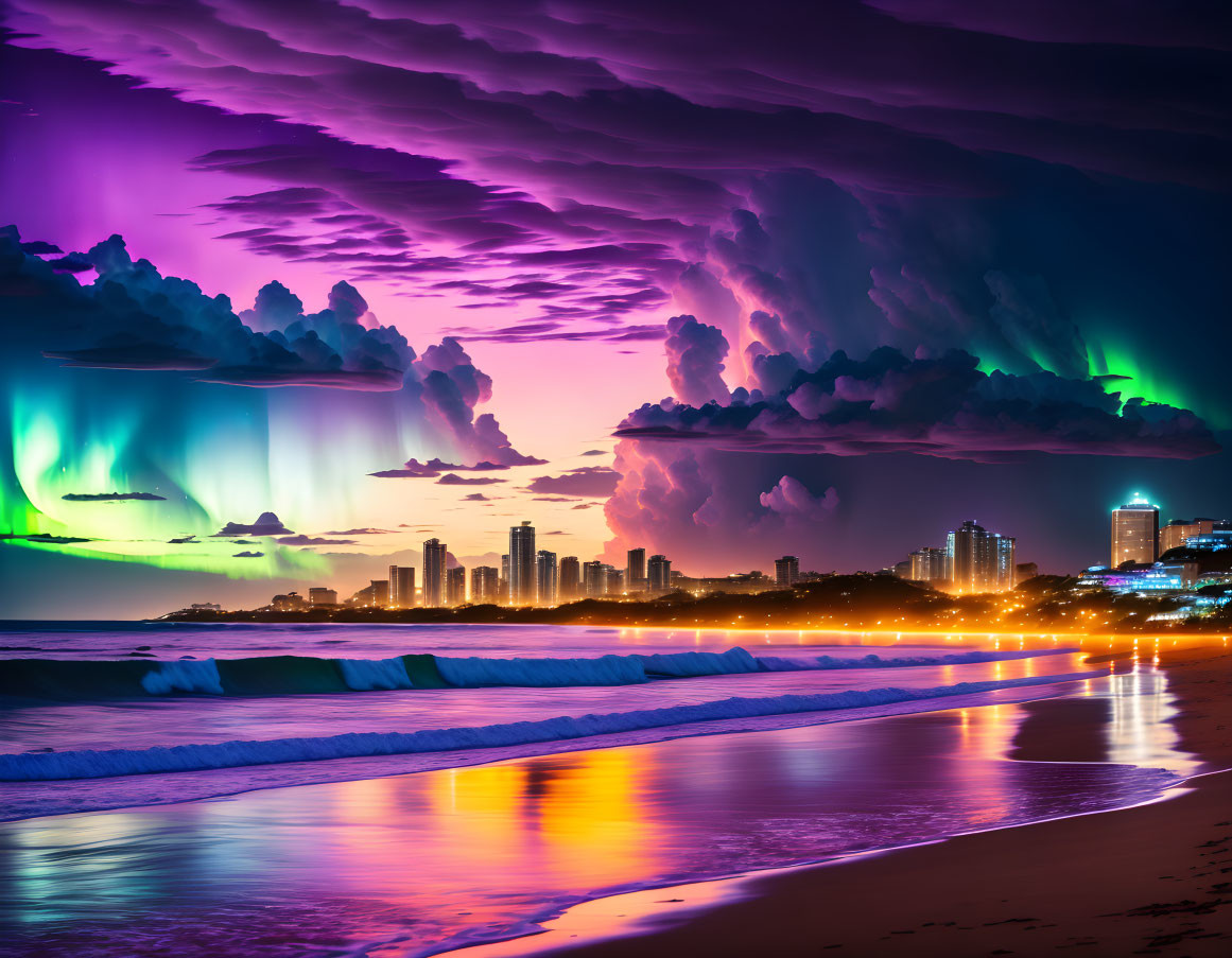 Dusk Beachscape with Purple Skies, Aurora Lights, City Skyline, and Reflections