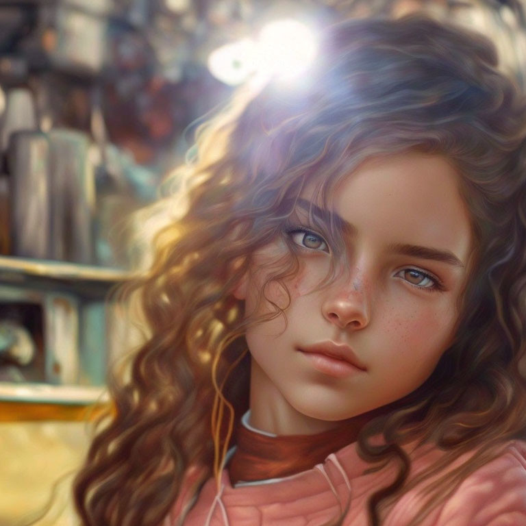 Digital Art: Young Girl with Curly Hair and Blue Eyes in Sunlit Bokeh Scene