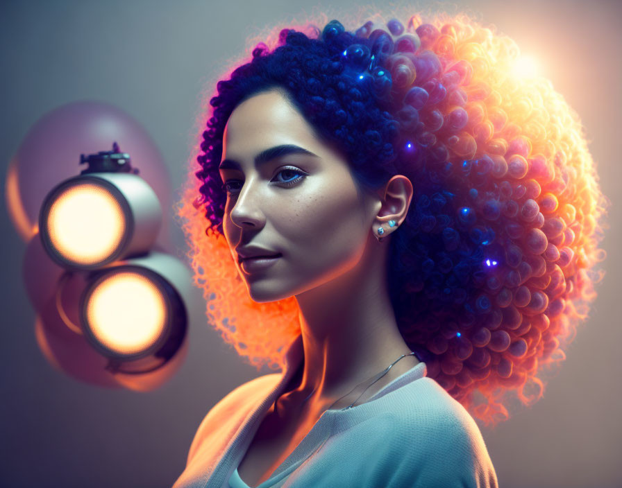 Blue-tinted curly hair illuminated by warm and cool lights