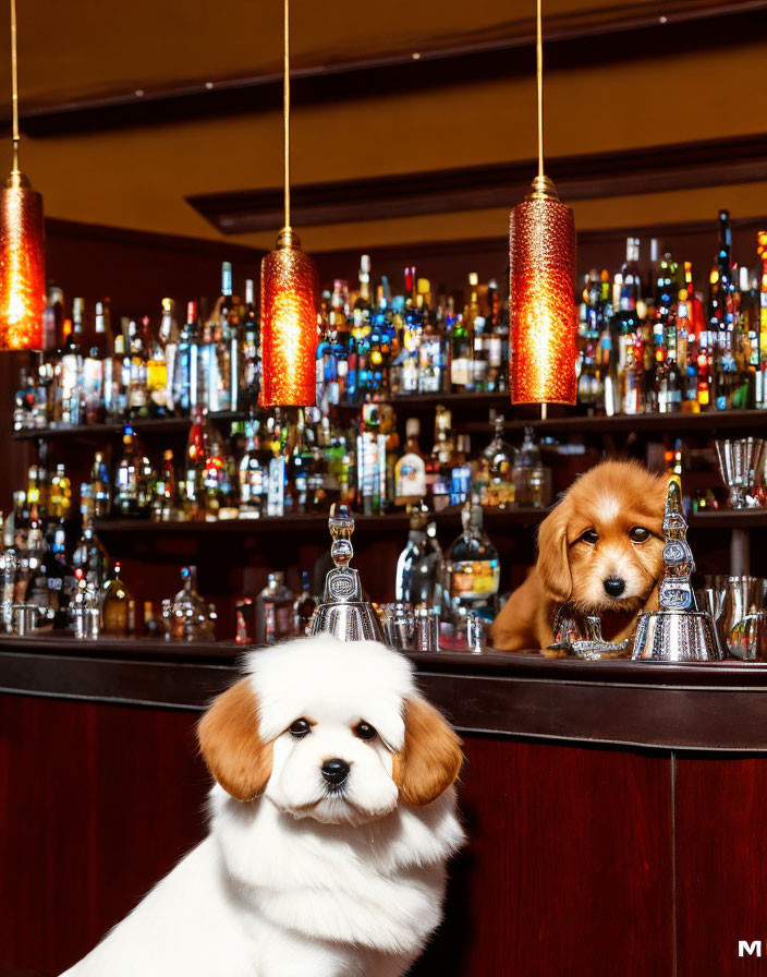 Two cute puppies at a bar counter with liquor bottles and pendant lights.