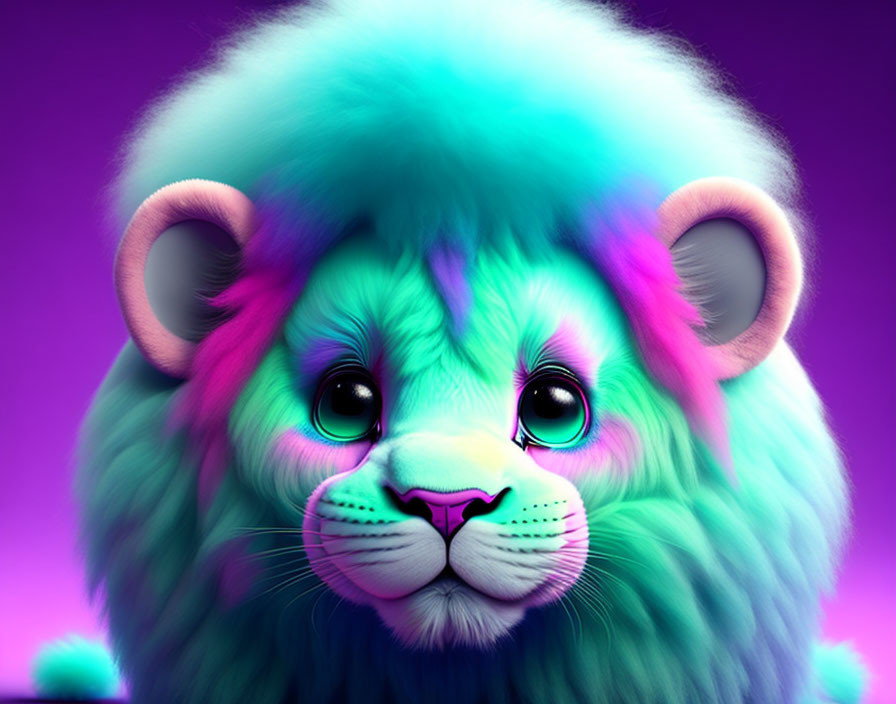 Colorful Lion Illustration with Neon Fur on Purple Background