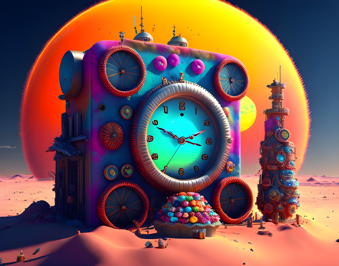 Colorful surreal artwork featuring giant clock in desert with whimsical towers and setting sun