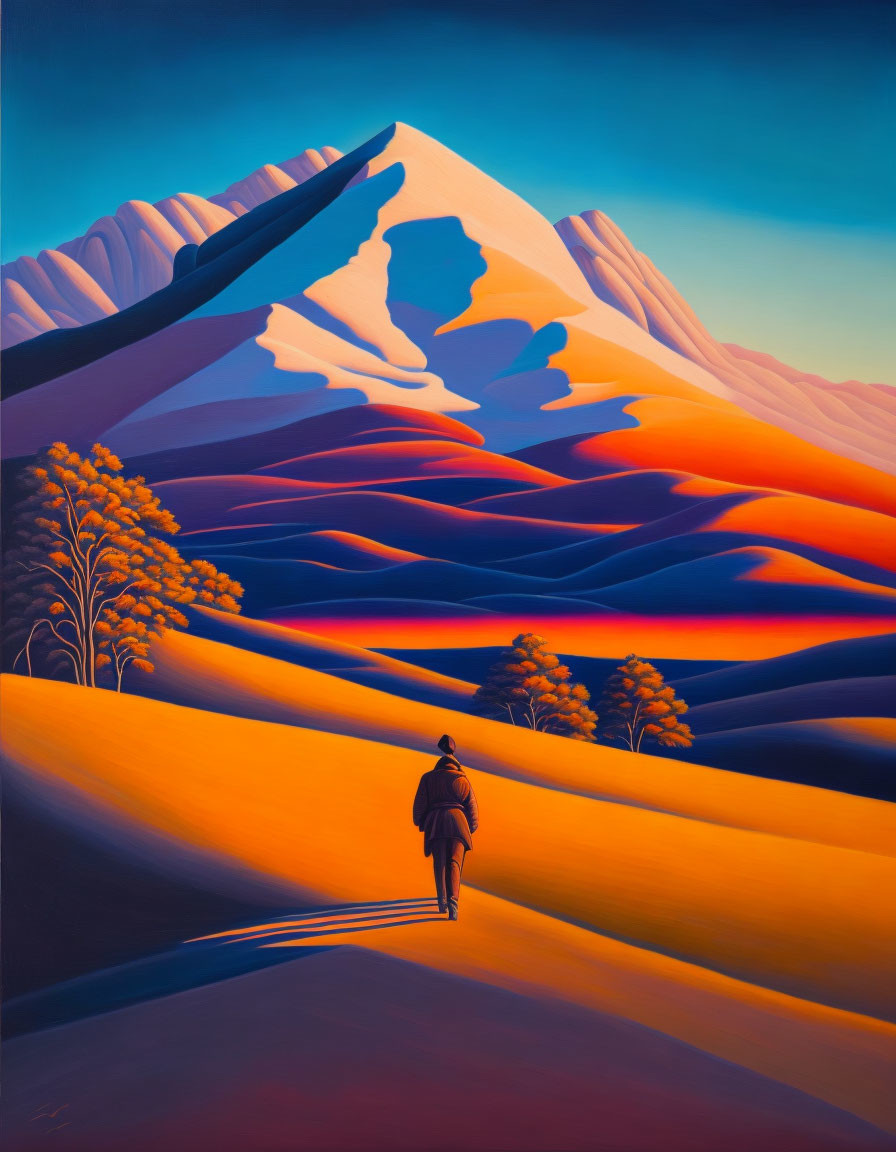 Person walking towards towering mountain in vibrant landscape